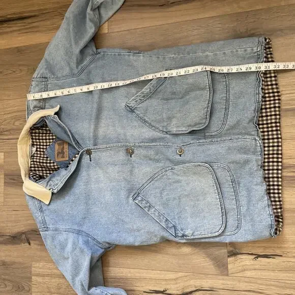 Vintage Blanket Lined Light Wash Denim Barn Chore Jacket Coat Large Read Stain - Picture 8 of 15